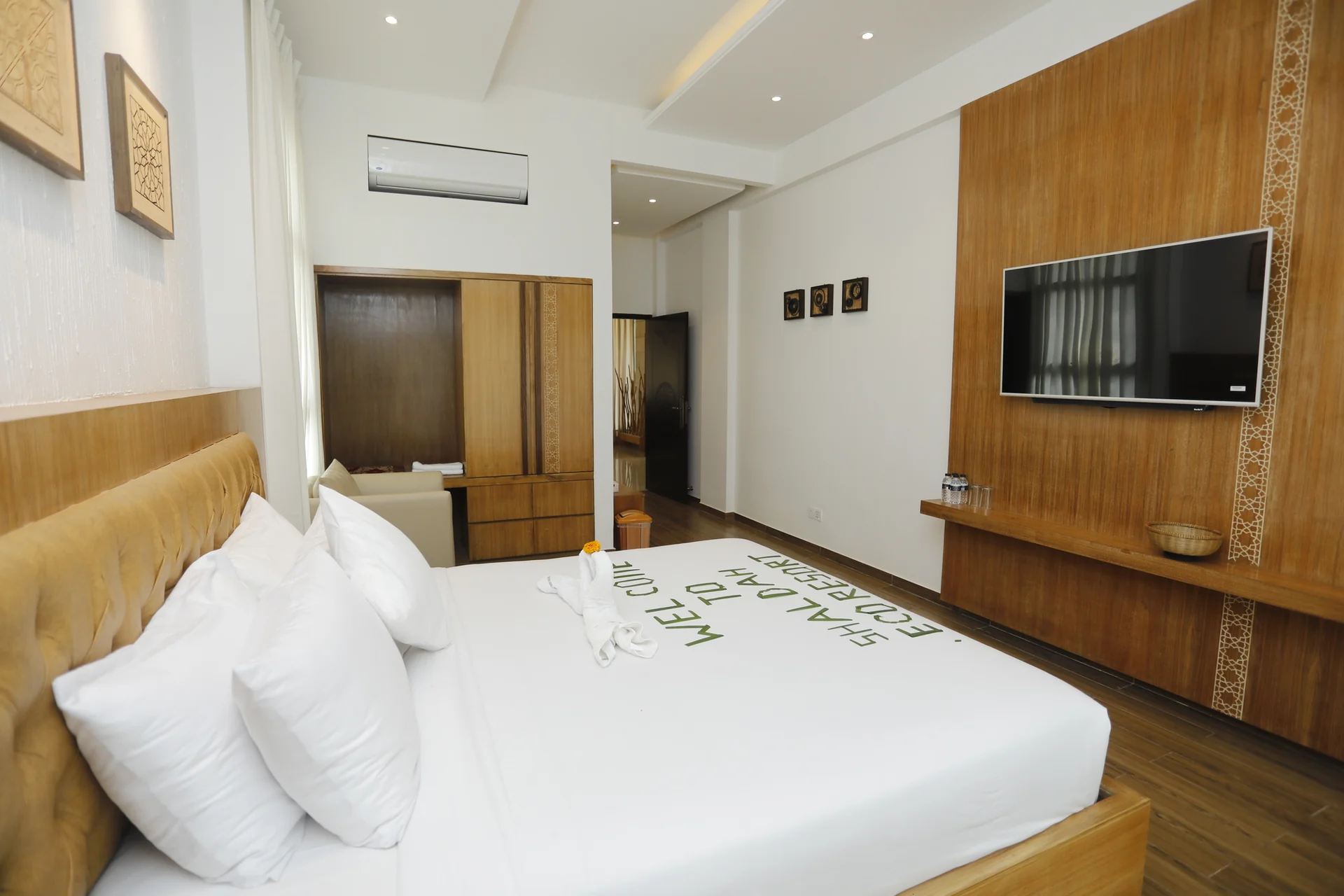 Modern resort guest room with timber finishes
