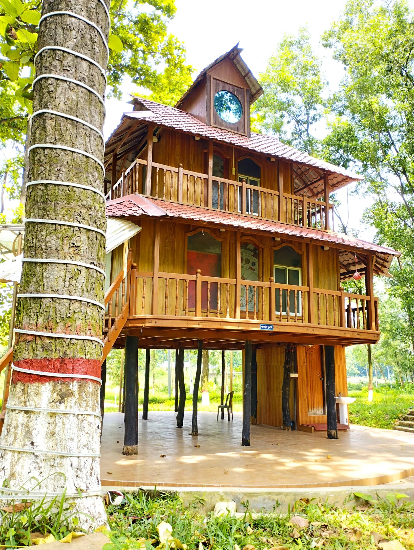 Wooden cottage among trees
